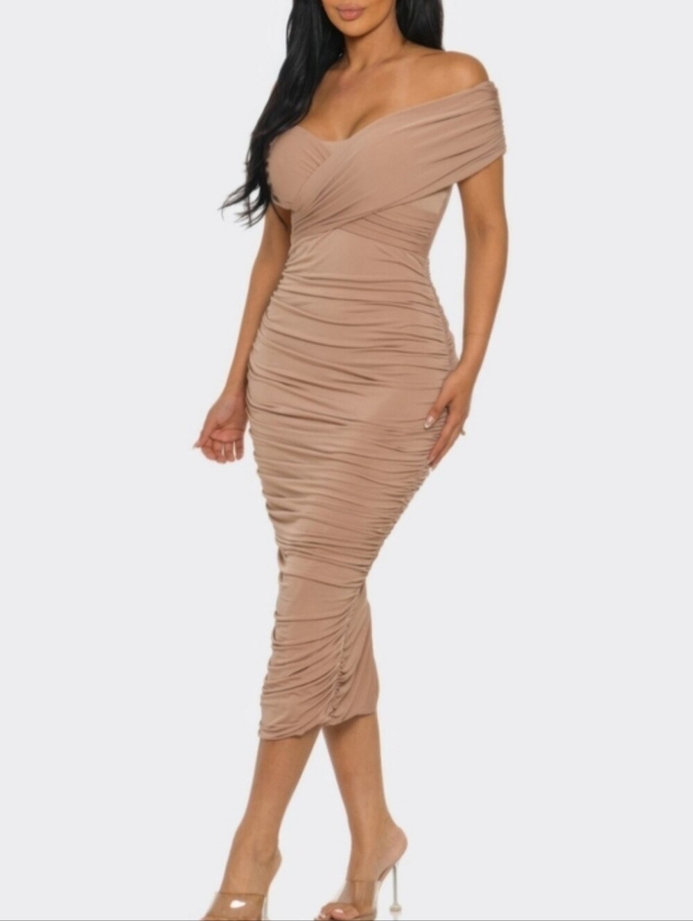 Soft Luxe Taupe Midi Dress | Ruched Off Shoulder Special Occasion Dress Size S